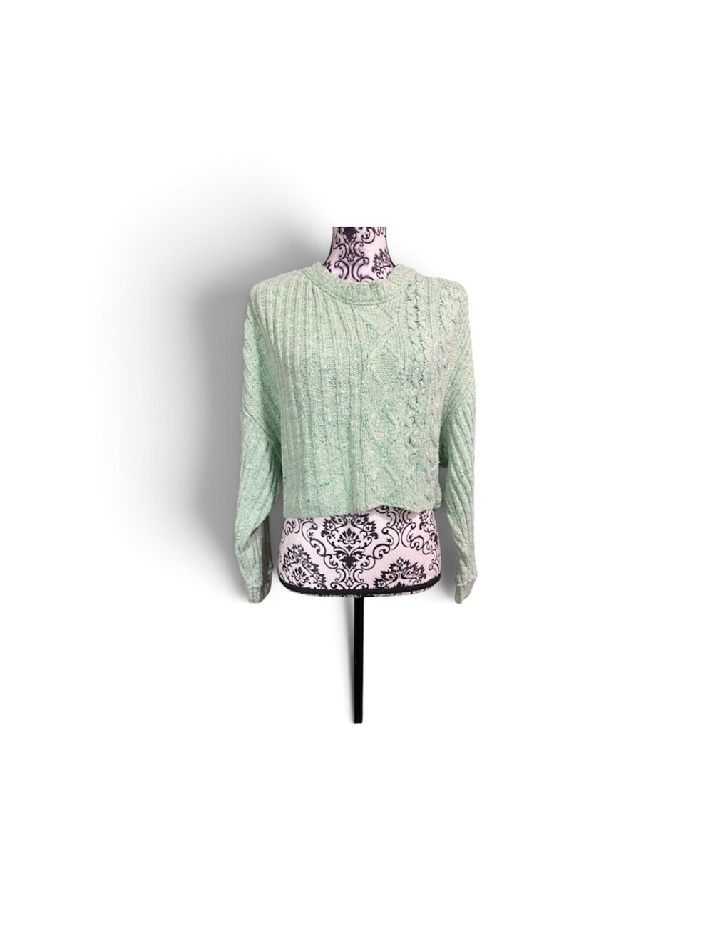 Free People On Your Side Mint Green Cable Knit Pullover Cropped Sweater Sz-Small
